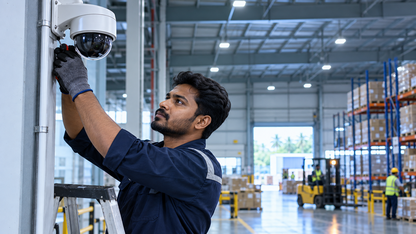 Professional technician installing a CCTV security camera